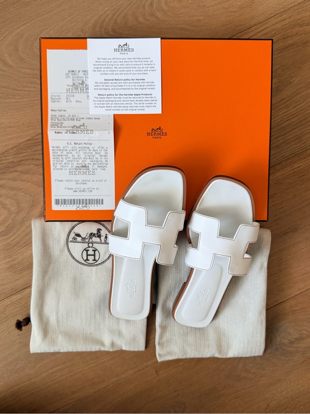 Hermes Blanc Oran Leather Slide Sandals, Size 37